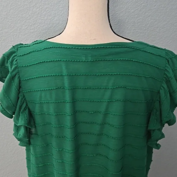 ANTHROPOLOGIE Double Ruffle Emerald Short Sleeve Blouse Top Rounded Neck Sz XL - Picture 8 of 11